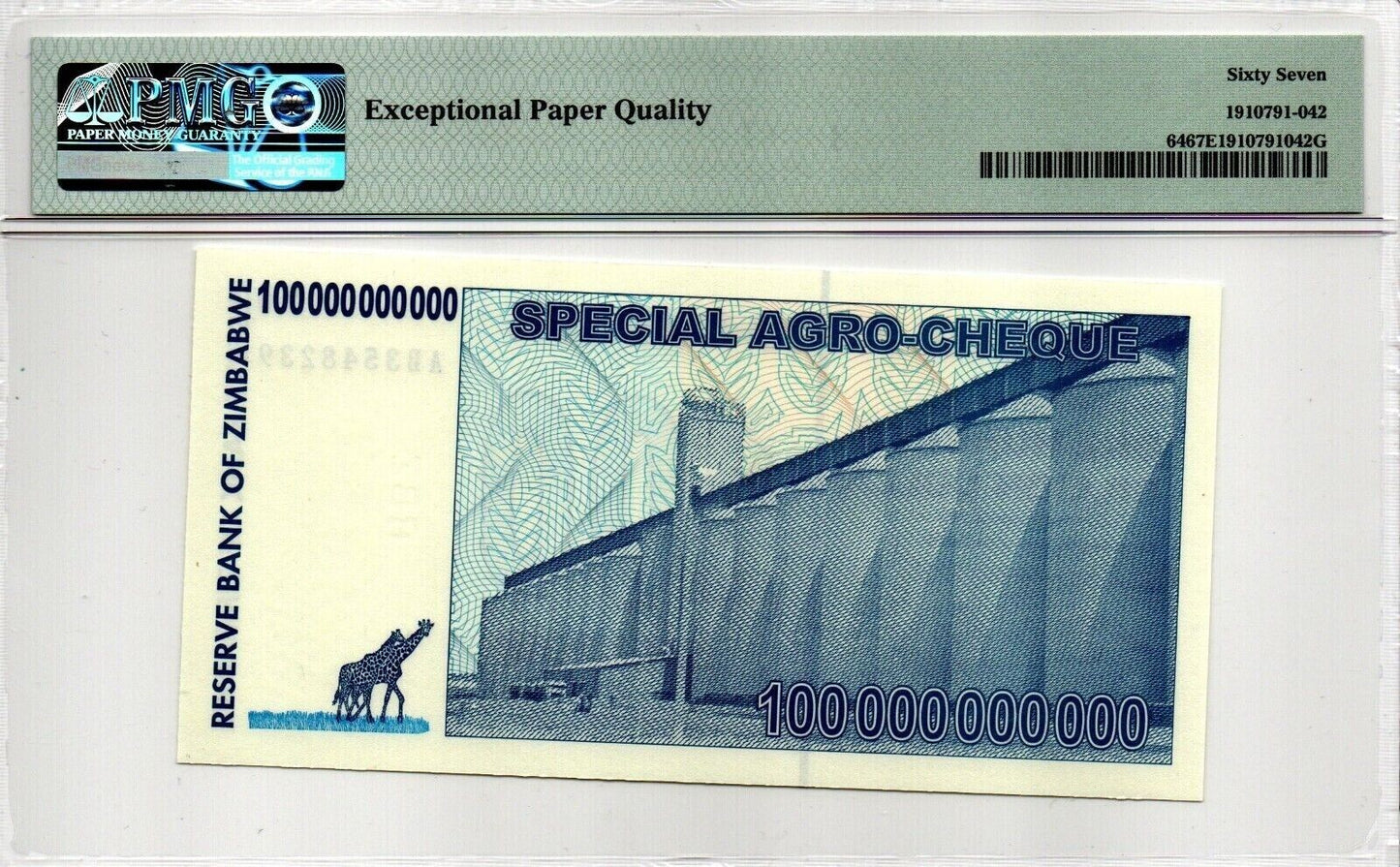 ZIMBABWE $100 Billion Dollars Agro Check P 64 PMG 67