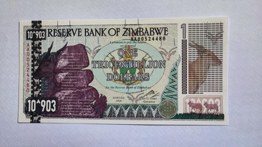 Zimbabwe 1 Tricentillion Dollars  Banknote 100 Trillion Series