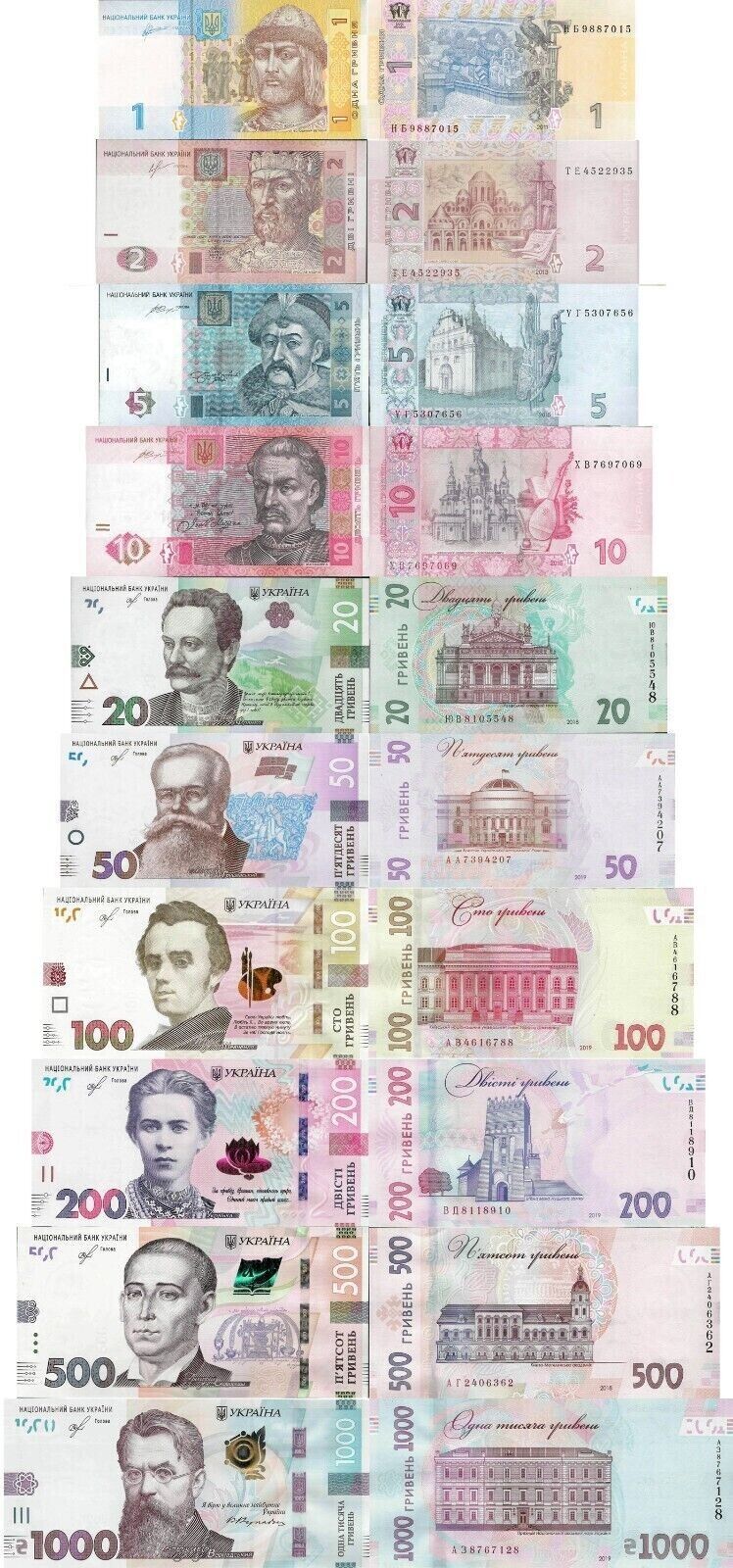 Ukraine full set 10 pcs 1+2+5+10+20+50+100+200+500+1000 Hryvnia UNC random years