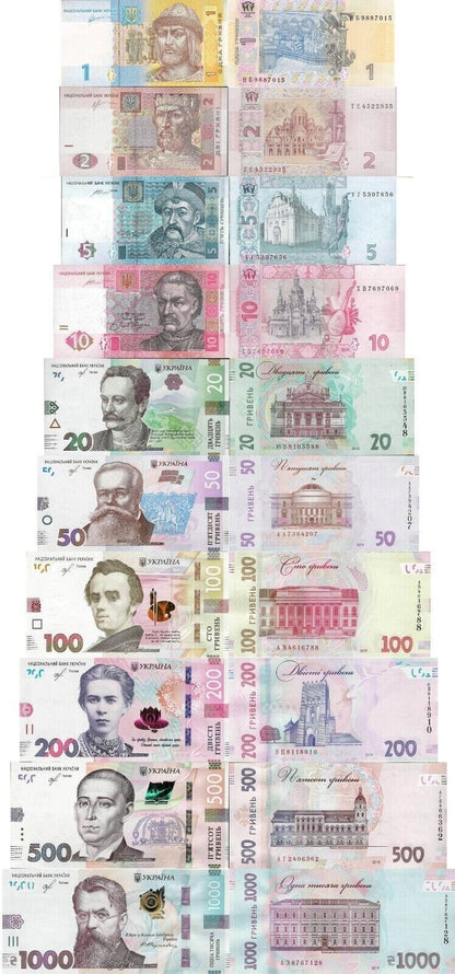 Ukraine full set 10 pcs 1+2+5+10+20+50+100+200+500+1000 Hryvnia UNC random years