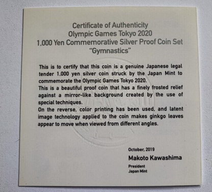 Japan 2020 Tokyo Olympic Gymnastics 1000 Yen Silver   Proof coin