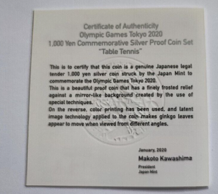 Japan 2020 Tokyo Olympic Table Tennis  1000 Yen Silver   Proof coin