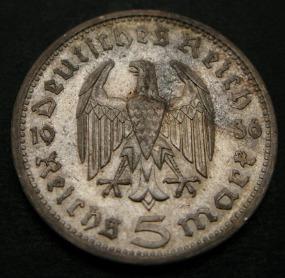 GERMANY 5 Reichsmark 1936 A - Silver 0.900 - Hindenburg issue - VF