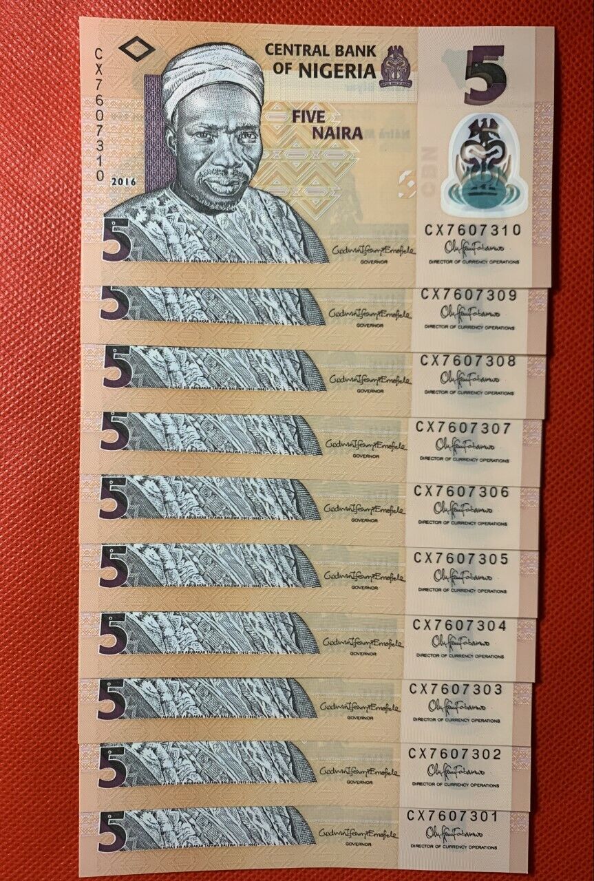 Lot 10 PCS, Nigeria 5 Naira, 2009-2019, P-38, Polymer, UNC