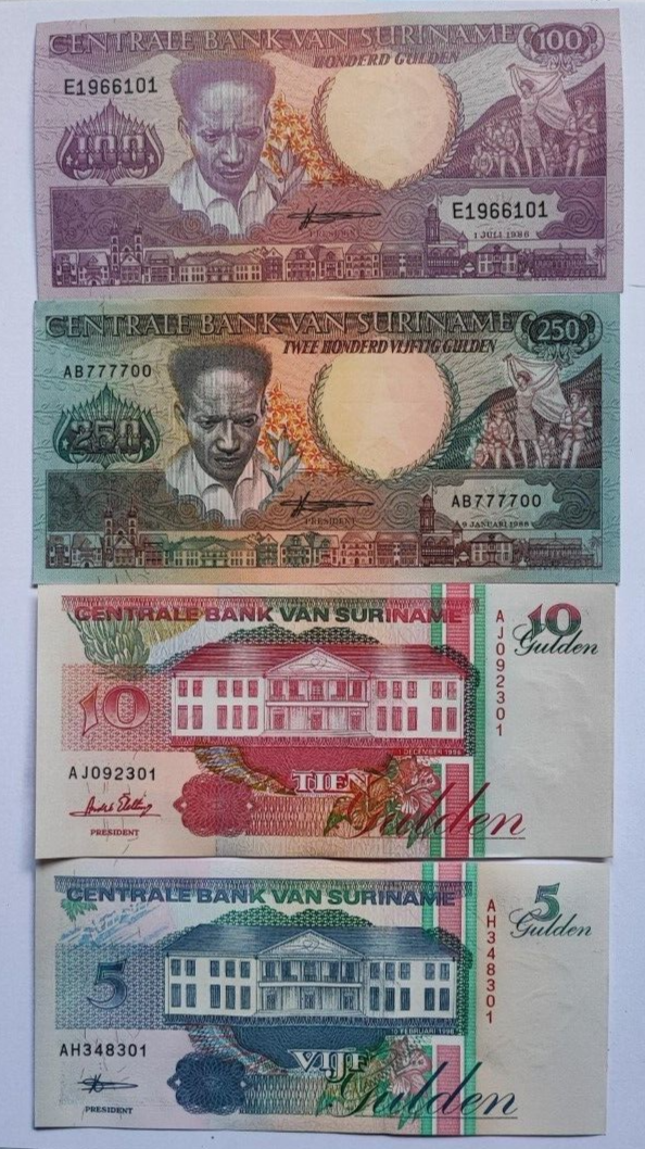 Suriname Banknote Set. 5, 10, 100,250 Gulden(1986-1998）UNC