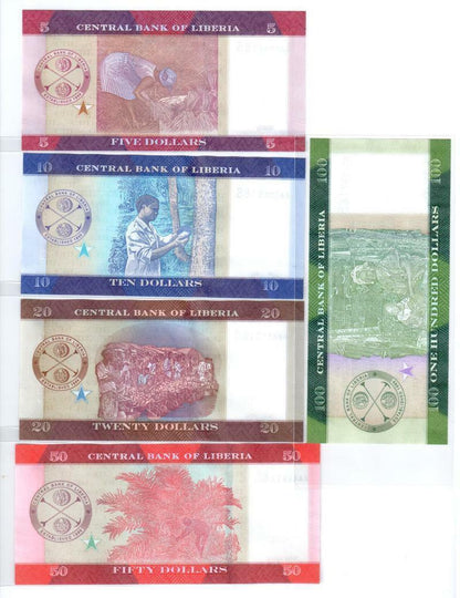 Liberia 5 + 10 + 20 + 50 + 100 Dollars 2016 Set of 5 Banknotes 5 PCS  UNC