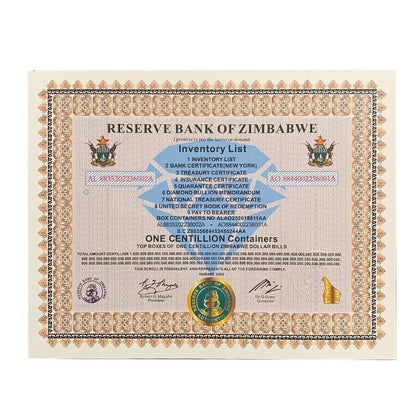 Zimbabwe ONE Centillion Containers Banknote Certificate Paper Money Gift