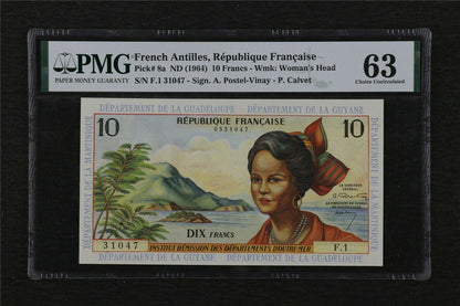 French Antilles 10 Nouveaux Francs ND 1963 P 5 a Choince Uncirculated