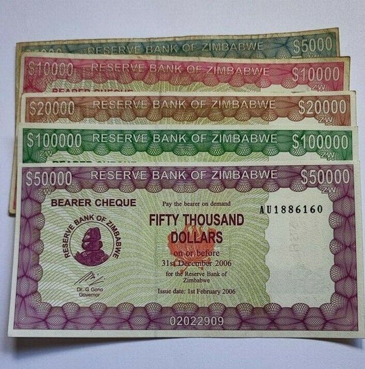 Set of  5 Zimbabwe 5000  to 100,000 bearer cheque 2004 to 2006 very rare