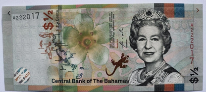 Queen Elizabeth II Banknote Bahamas 1/2 Dollar with folder