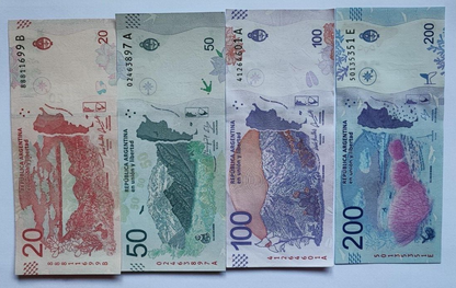 Set of 4 Argentina Banknotes (20, 50, 100, 200 Pesos) UNC