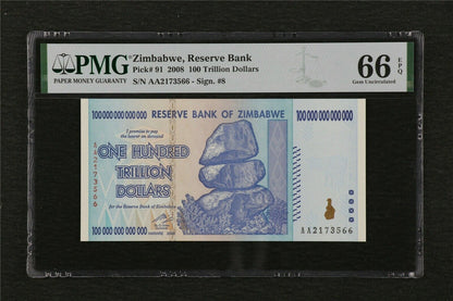 Zimbabwe PMG Gem UNC 66 EPQ 100 trillion dollars