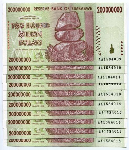 10xZimbabwe 200 Million Dollars 2008 P-81 Prefix 'AA' Banknotes brand new