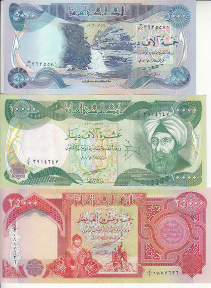 IRAQ 50 250 500 1000 5000 10000 25000 DINAR in almost uncirculated  condition