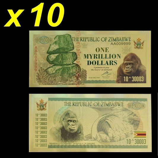 10xZimbabwe 1 Myrillion  Dollars Gold Foil Banknote