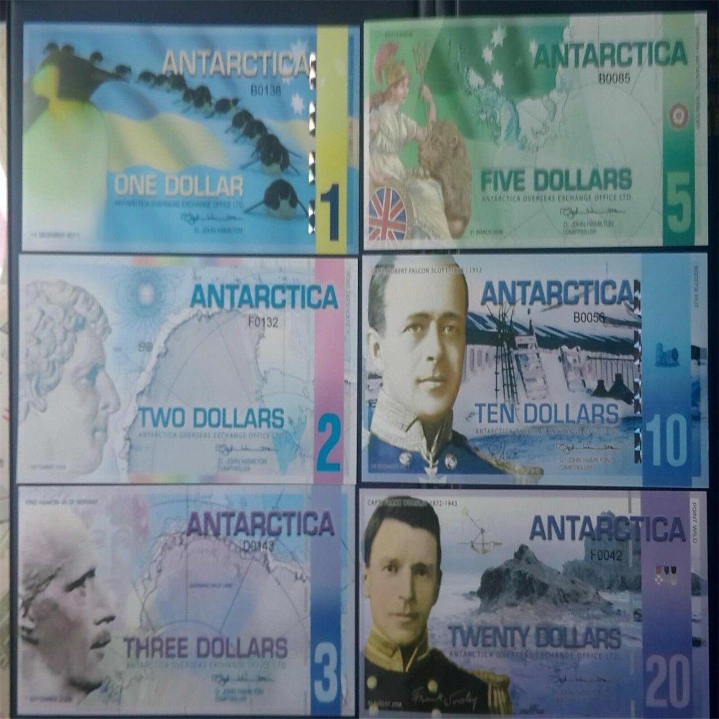 LOT 6 PCS ,Antarctic 1、2、.3、5、10、20 Dollars commemorative test notes/UNC