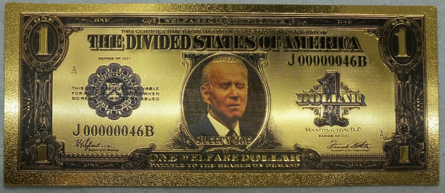 Sleepy Joe Biden Divided States $1 Note Novelty 24K Gold Foil Plated Bill