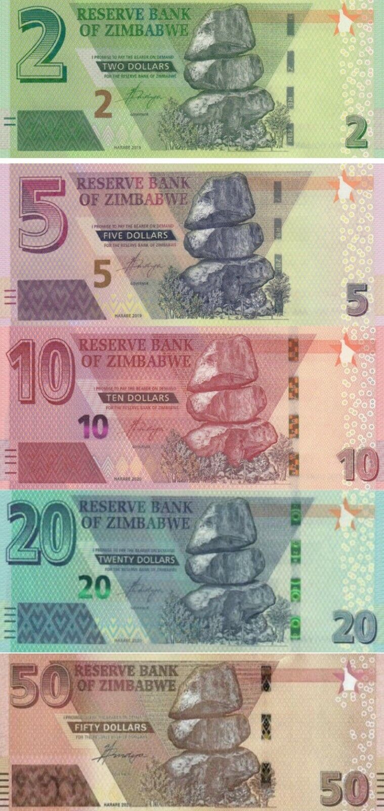 Zimbabwe 2 + 5 + 10 + 20 + 50 Dollars 2019 - 2020 Set of 5 Banknotes 5 PCS UNC