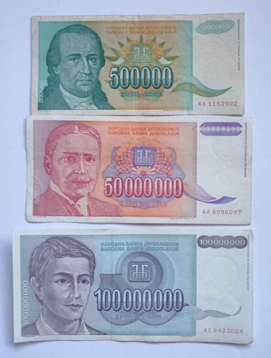 Yugoslavia 3 different banknotes 1993