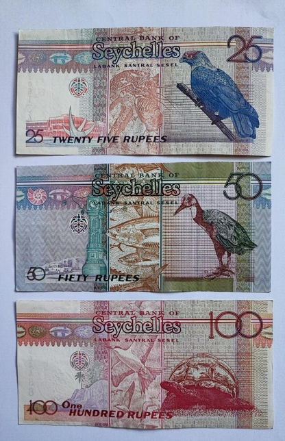 THREE 1998-2011 SEYCHELLES 25,50,100 RUPEES NOTES