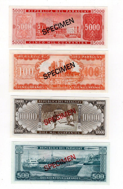 Collection of 5x Paraguay Specimen Banknotes UNC