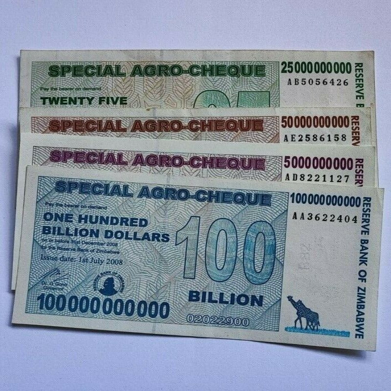 Set of 4 Zimbabwe 5 to 100 Billion Dollars Special Agro-Cheque Note 2008 Used