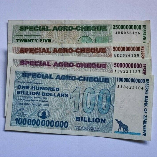 Set of 4 Zimbabwe 5 to 100 Billion Dollars Special Agro-Cheque Note 2008 Used