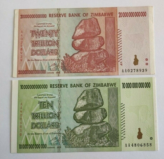 ZIMBABWE -  SETX 10 & 20 TRILLION DOLLARS, 2008 XF/AU BANK NOTES