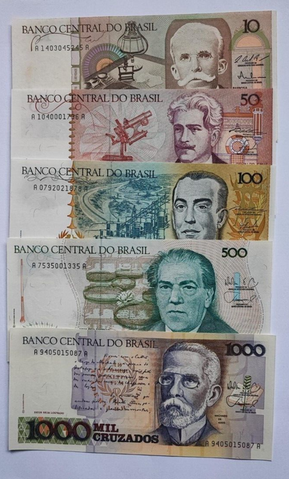 Set 5 PCS, Brazil 10, 50, 100, 500, 1000 Cruzeiros, P209-213, UNC