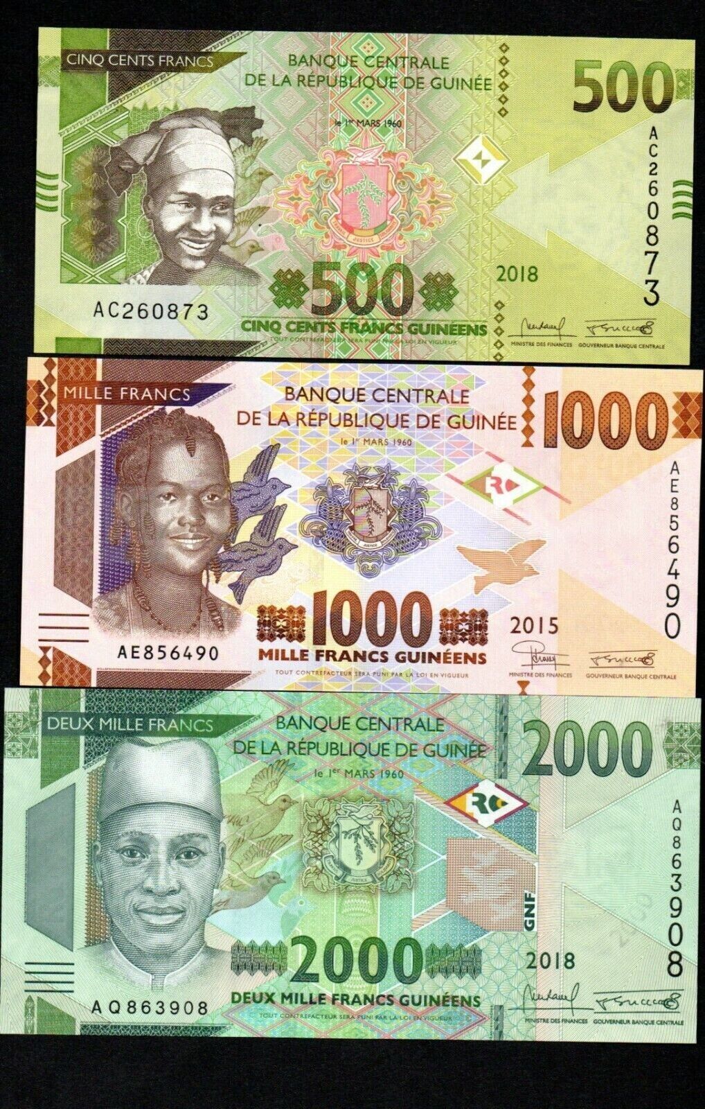 Guinea Republic Set of 6 Uncirculated Notes 500 - 20,000 Francs 2015 /2018 UNC