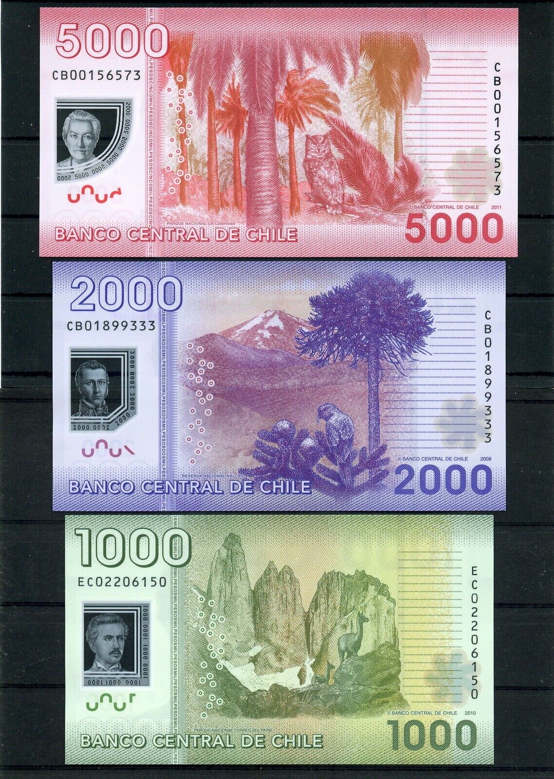 Chile $ 1000 $ 2000 & $ 5000 Polymer Banknotes UNC.