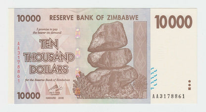 RARE! Zimbabwe P-72 Ten Thousand Dollars 2008 Uncirculated banknote AA RARE!