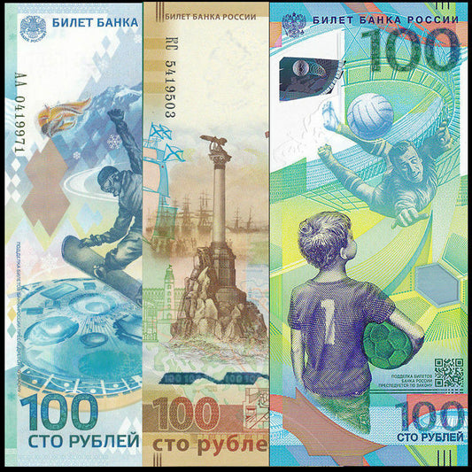 Set 3 PCS, Russia 100 rubles, FIFA World Cup 2018+ Crimea 2015+ Sochi 2014, UNC