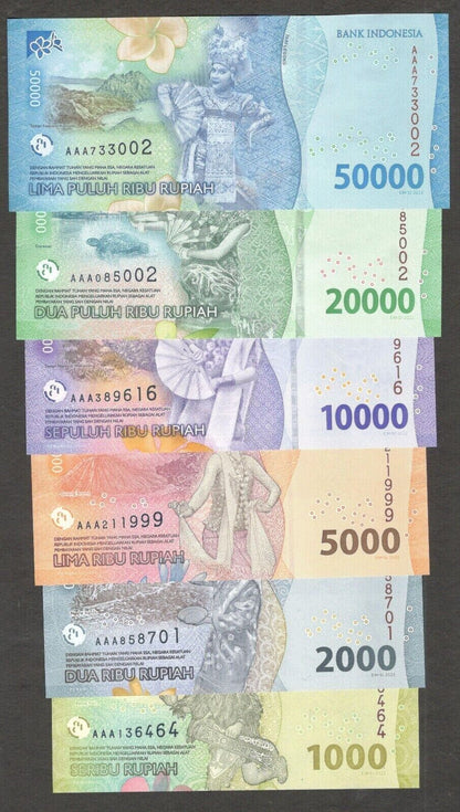 Indonesia 6 Note SET  1000 to 50000 Rupiah 2022 New series UNC