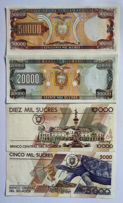 Ecuador 4 Pcs SET, 5000 10000 20000 50000 Sucres 1999, UNC, P-127, 128, 129, 130