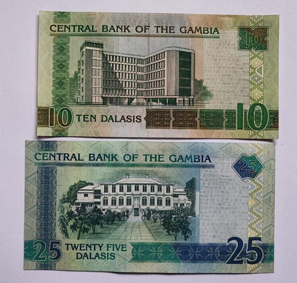 Gambia banknotes Set Of Two 10 And 25  DALAIS UNC