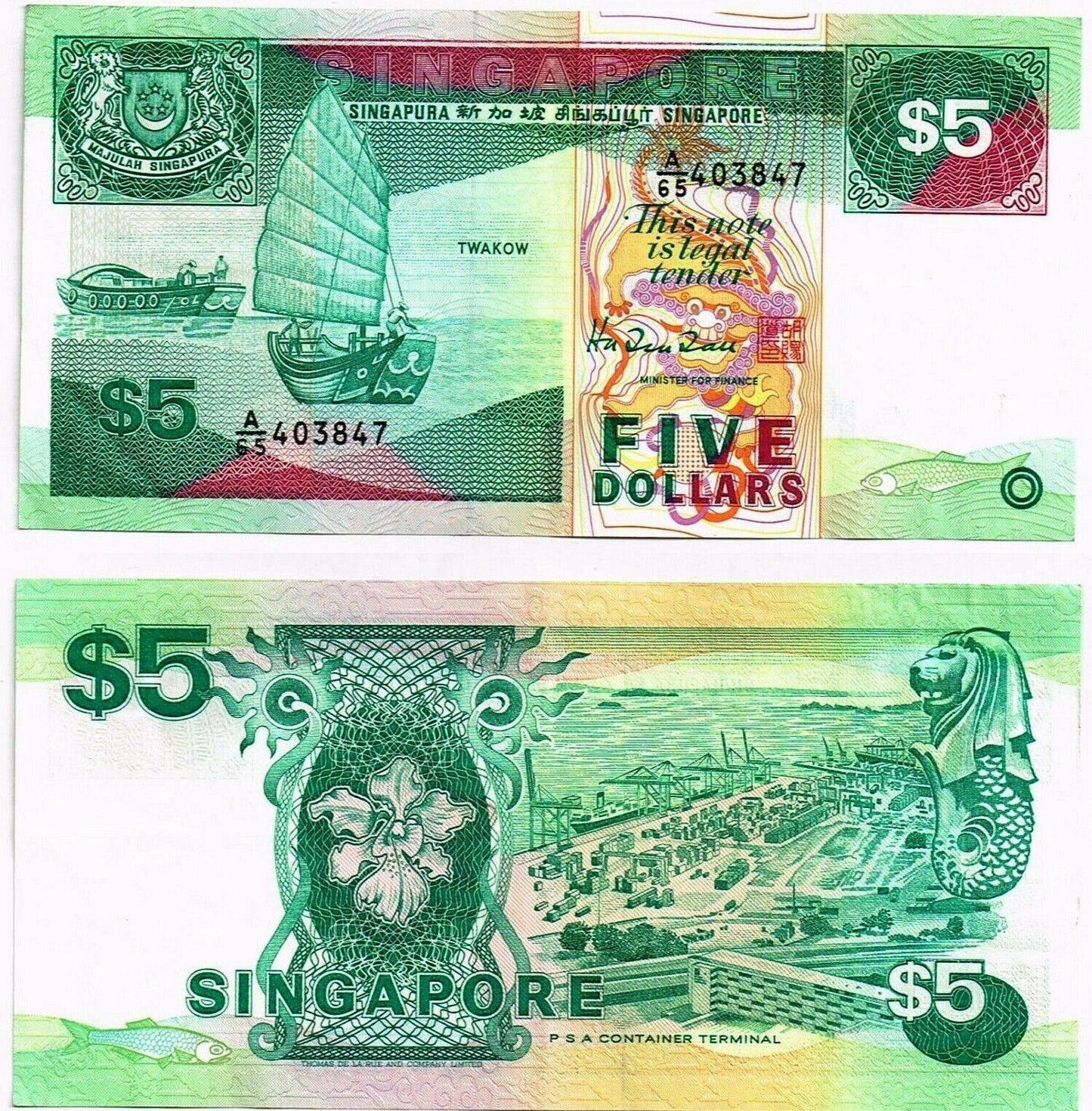 Singapore – 1989 Commissioners of Currency $5 Dollars P19 Banknote aVF+