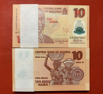 Lot 100 PCS, Nigeria 10 Naira, 2009-2019, P-38, Polymer, UNC