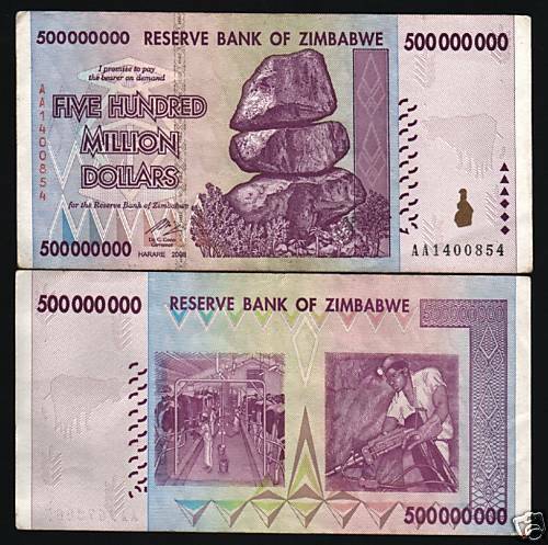 Zimbabwe 500 million dollars banknotes used
