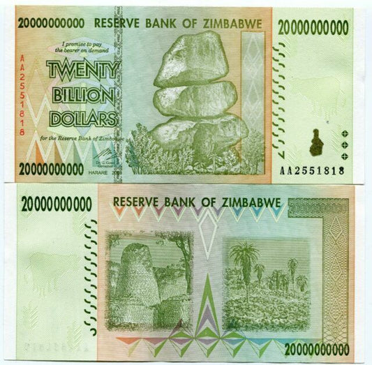 Zimbabwe twenty billion dollars banknotes used