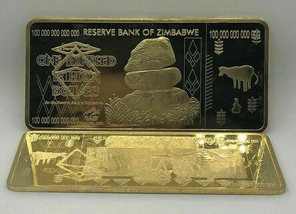 Zimbabwe 100 Trillion Dollars Gold Bullion Bar Ingot