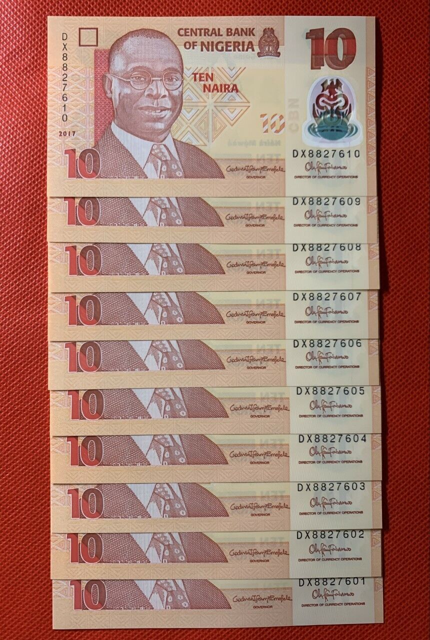 Lot 10 PCS, Nigeria 10 Naira, 2009-2019, P-38, Polymer, UNC