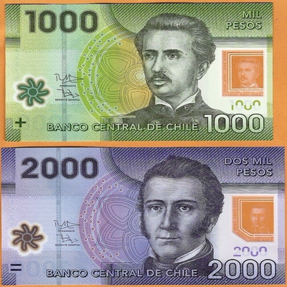 CHILE 1000 and 2000 Pesos Banknotes (2009/2011)  - UNC