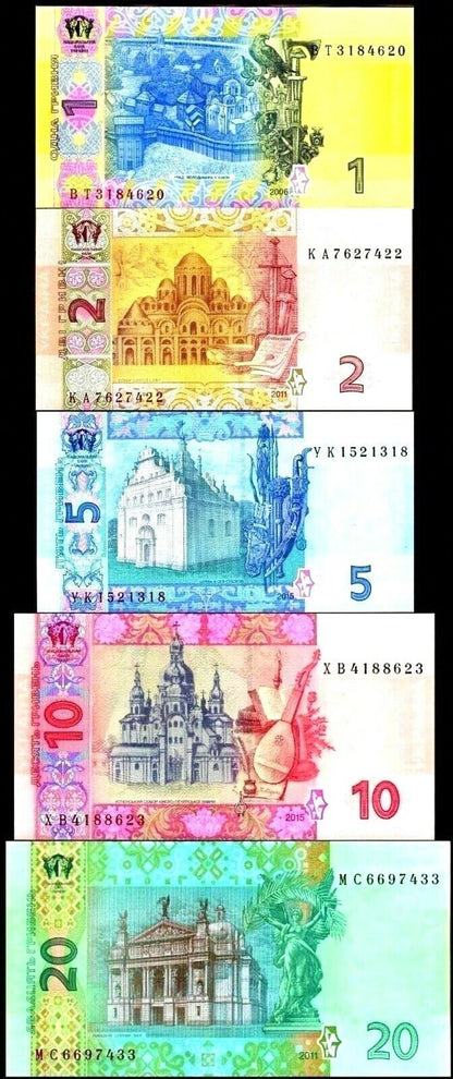 Ukraine 1 + 2 + 5 + 10 + 20 Hryven 2011-2018 Set of 5 Banknotes 5 PCS UNC