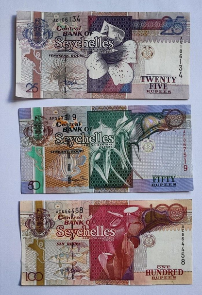 THREE 1998-2011 SEYCHELLES 25,50,100 RUPEES NOTES