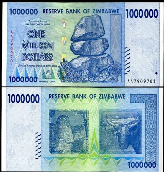 Zimbabwe One Million  Dollars Banknotes 2008 UNC Prefix AB
