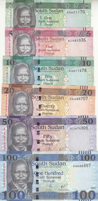 SOUTH SUDAN 1 5 10 20 50 100 POUND 2011 2015 2017 2019 P-NEW UNC LOT SET