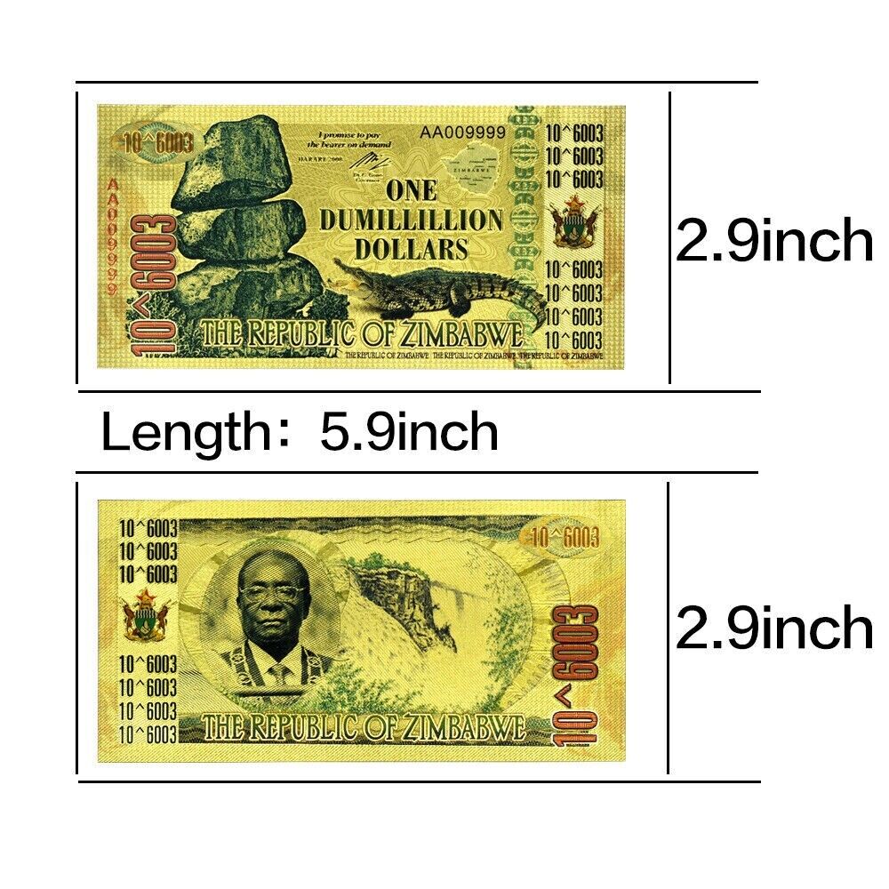 10pcs Zimbabwe Gold Foil Banknotes One Dumillillion Dollars