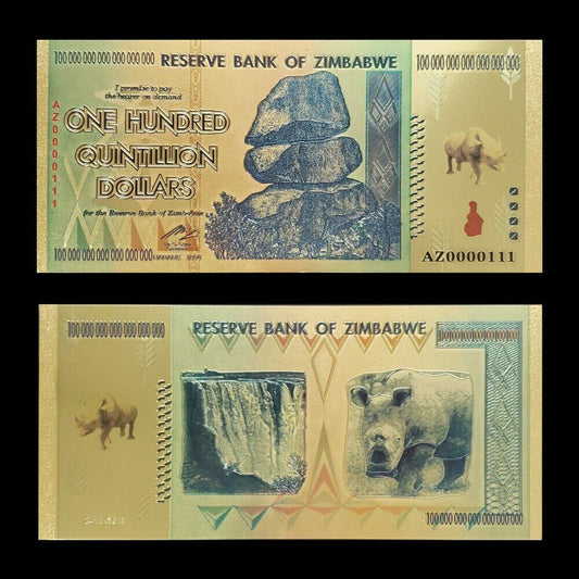 Zimbabwe 100 Quintillion Gold Banknote Coloured Trillion Series