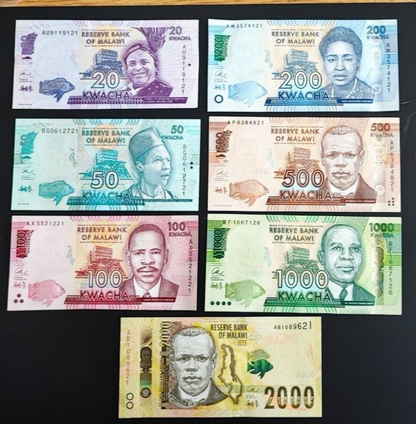 Malawi set 7 pcs 20+50+100+200+500+1000+2000 kwacha  UNC random year